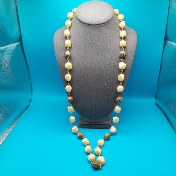 Vintage Wire Wrapped Beaded Necklace, Beige Pearled Gold Rope Beads, 36" - Picture 4 of 12